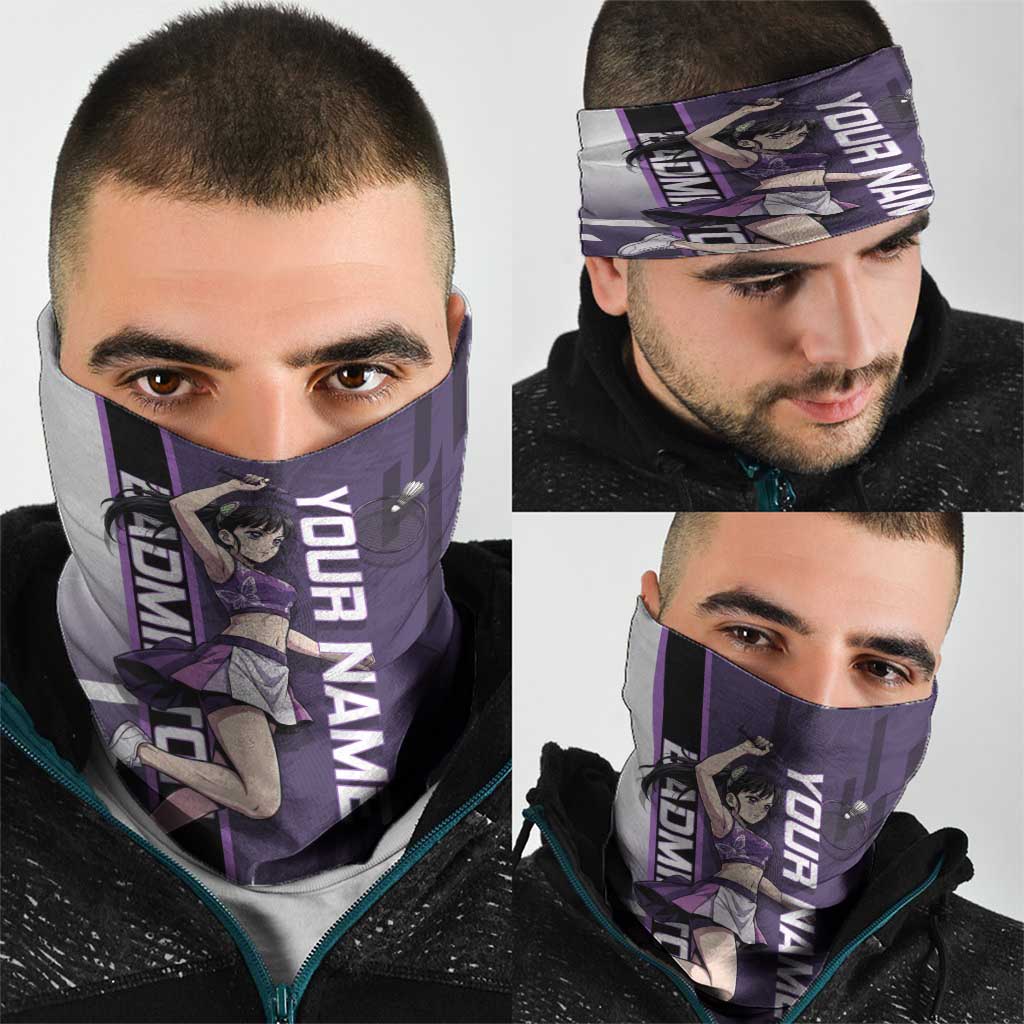 Personalized Shinazugawa Genya Demon Slayer Badminton Neck Gaiter with Racket Action Pose and Purple White Graphic Design - The Mazicc