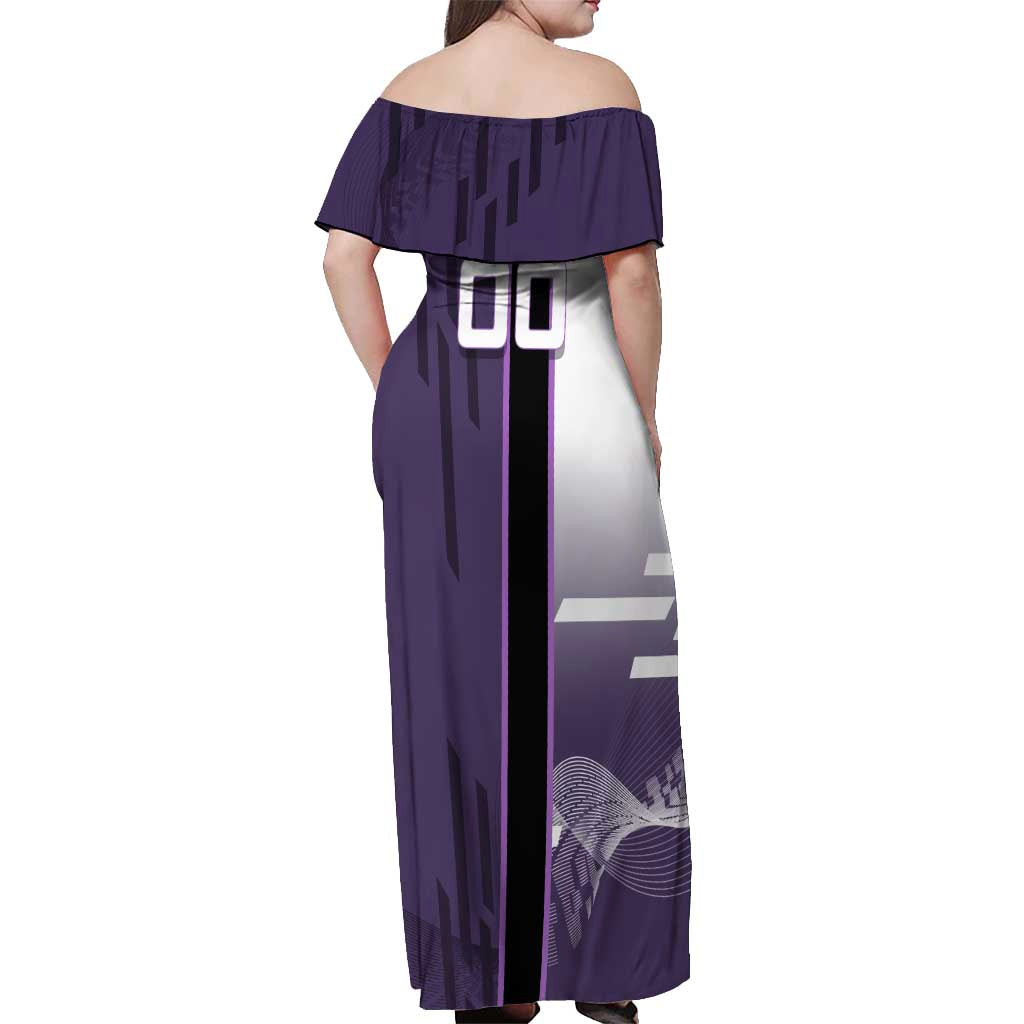 Personalized Shinazugawa Genya Demon Slayer Badminton Off Shoulder Maxi Dress with Racket Action Pose and Purple White Graphic Design - The Mazicc