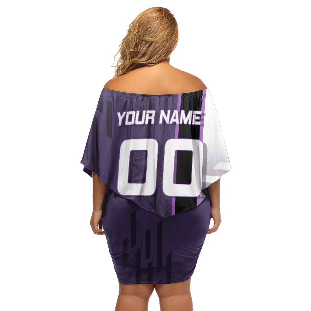Personalized Shinazugawa Genya Demon Slayer Badminton Off Shoulder Short Dress with Racket Action Pose and Purple White Graphic Design - The Mazicc
