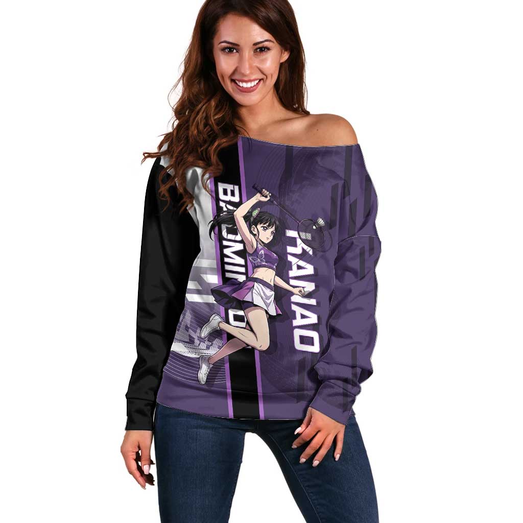 Personalized Shinazugawa Genya Demon Slayer Badminton Off Shoulder Sweater with Racket Action Pose and Purple White Graphic Design - The Mazicc