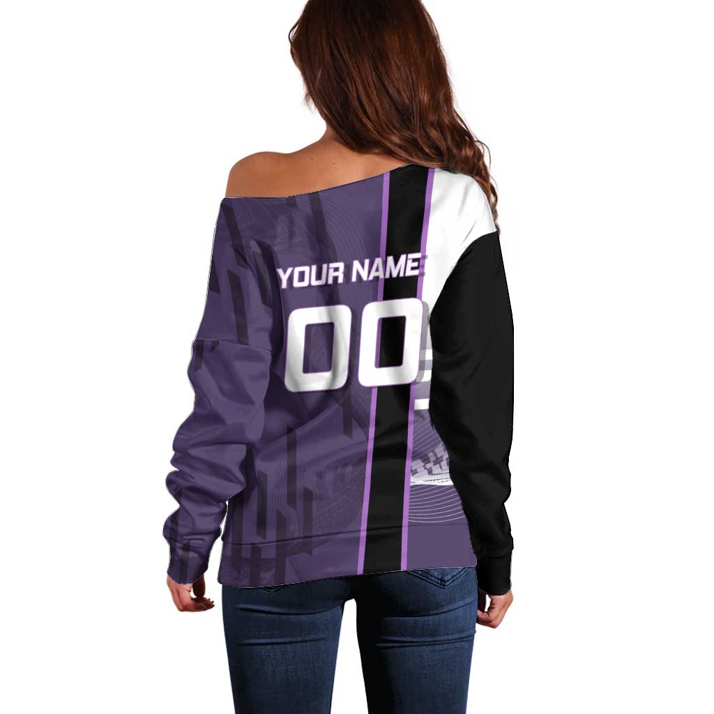 Personalized Shinazugawa Genya Demon Slayer Badminton Off Shoulder Sweater with Racket Action Pose and Purple White Graphic Design - The Mazicc