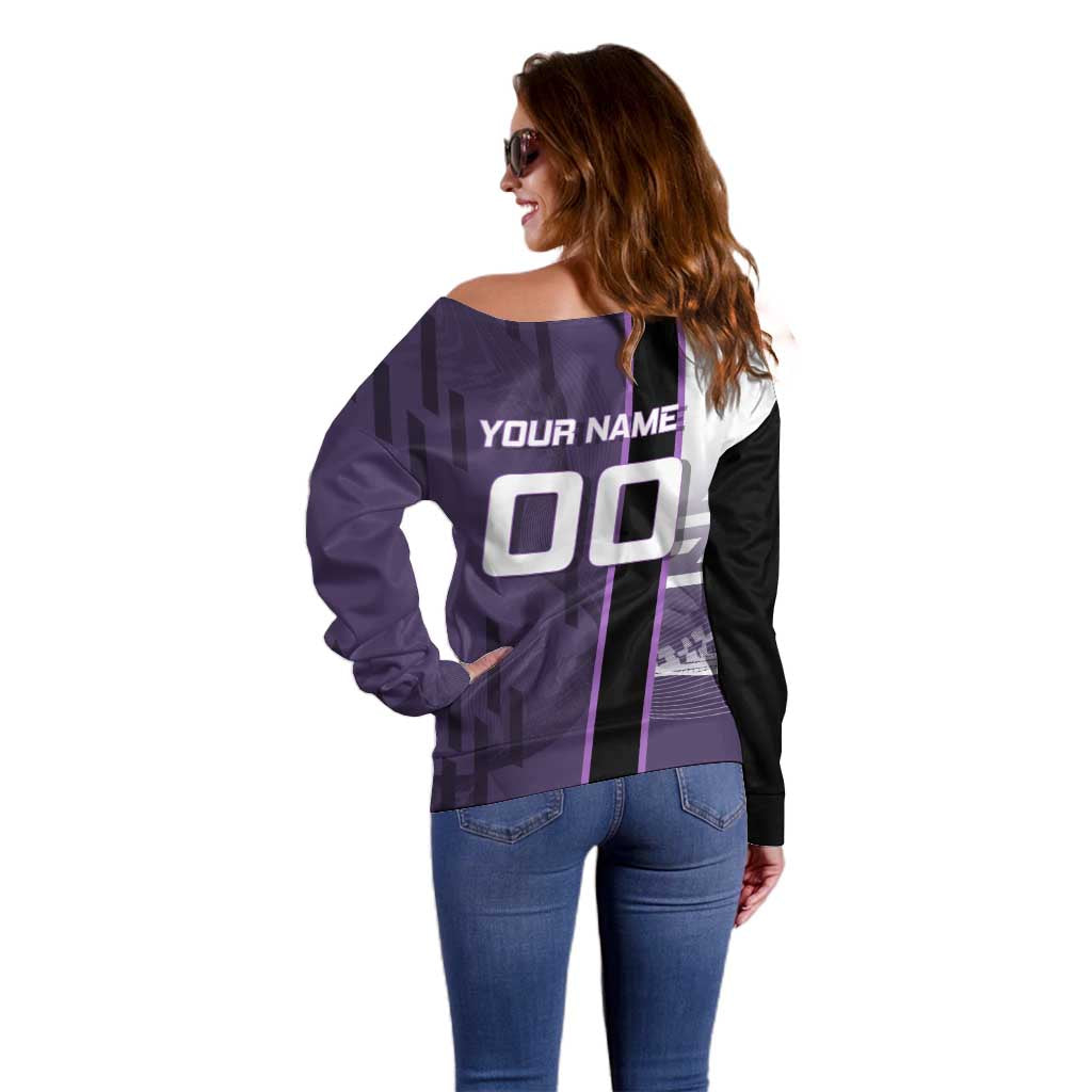 Personalized Shinazugawa Genya Demon Slayer Badminton Off Shoulder Sweater with Racket Action Pose and Purple White Graphic Design - The Mazicc
