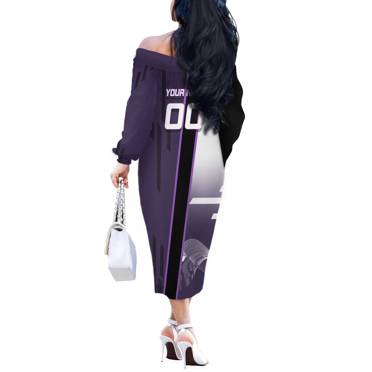 Personalized Shinazugawa Genya Demon Slayer Badminton Off The Shoulder Long Sleeve Dress with Racket Action Pose and Purple White Graphic Design - The Mazicc