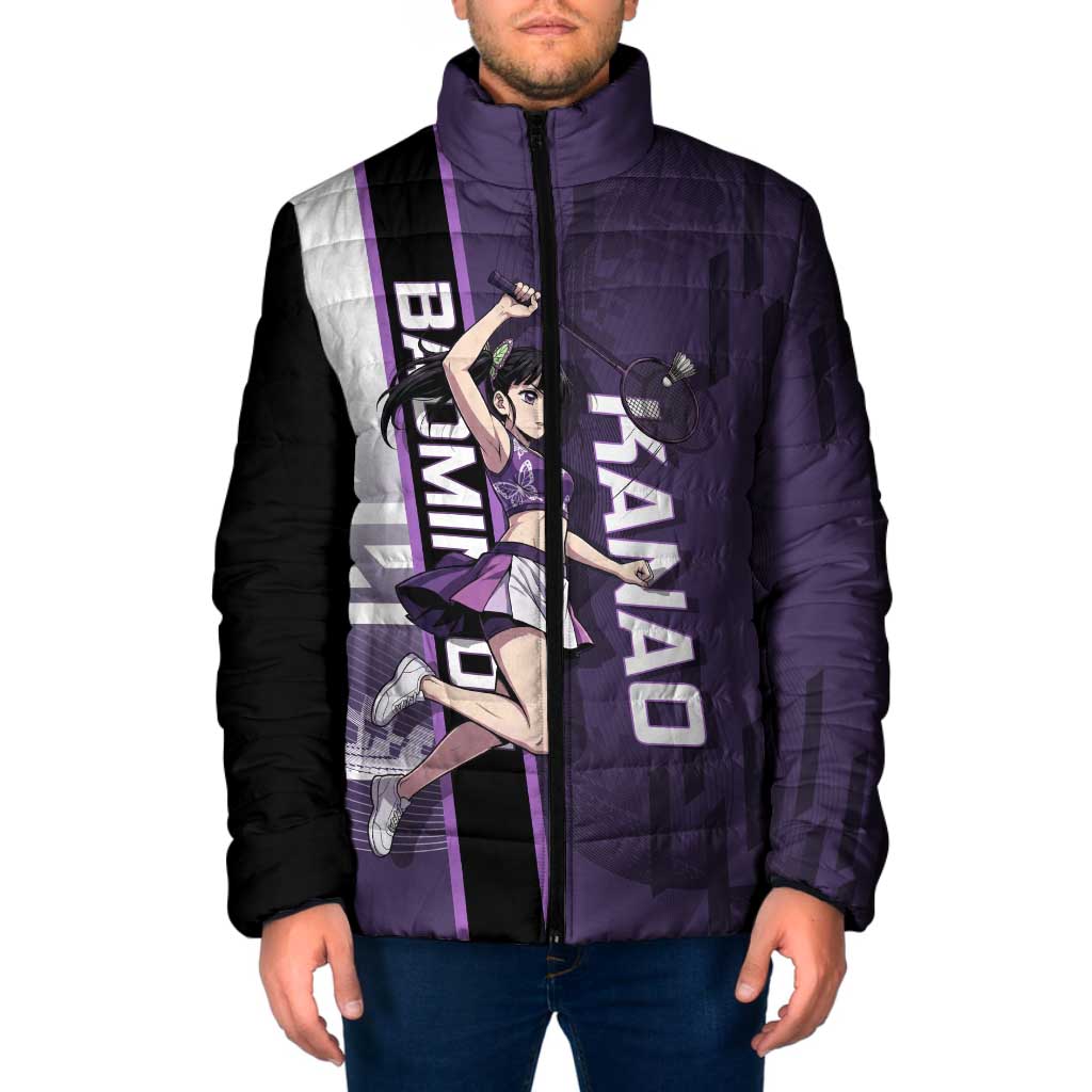Personalized Shinazugawa Genya Demon Slayer Badminton Padded Jacket with Racket Action Pose and Purple White Graphic Design - The Mazicc
