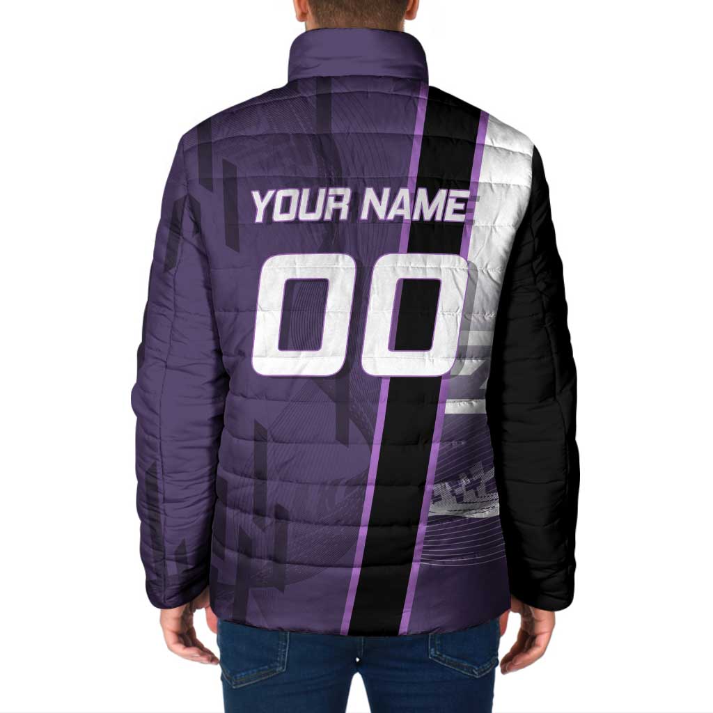 Personalized Shinazugawa Genya Demon Slayer Badminton Padded Jacket with Racket Action Pose and Purple White Graphic Design - The Mazicc