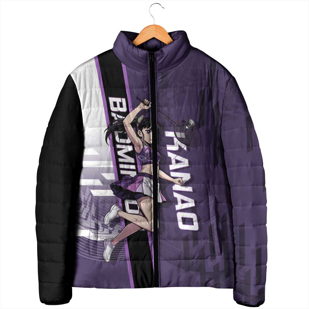 Personalized Shinazugawa Genya Demon Slayer Badminton Padded Jacket with Racket Action Pose and Purple White Graphic Design - The Mazicc