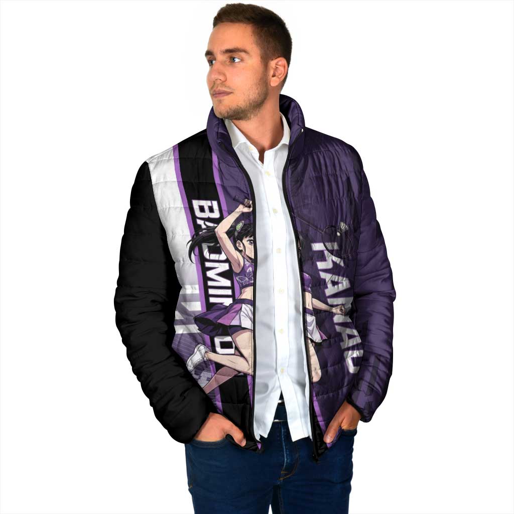 Personalized Shinazugawa Genya Demon Slayer Badminton Padded Jacket with Racket Action Pose and Purple White Graphic Design - The Mazicc