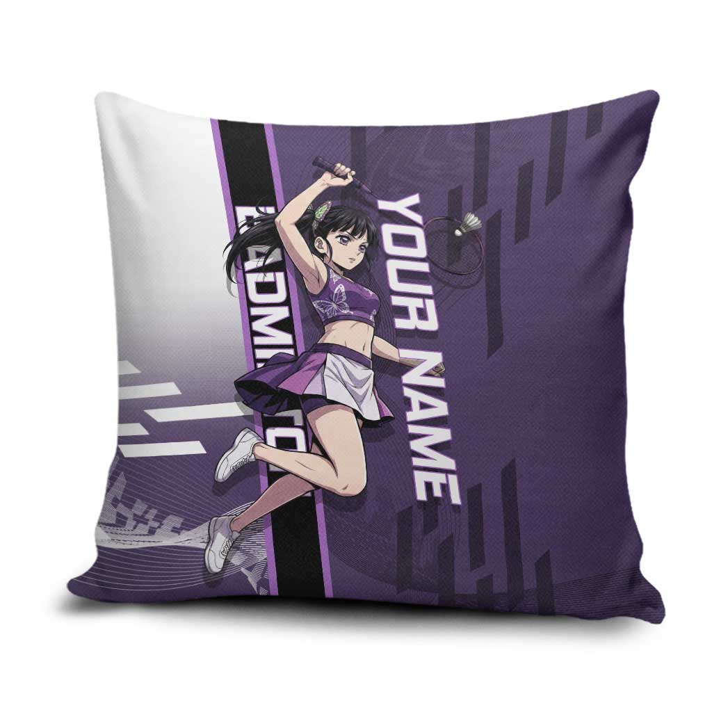 Personalized Shinazugawa Genya Demon Slayer Badminton Pillow Cover with Racket Action Pose and Purple White Graphic Design - The Mazicc
