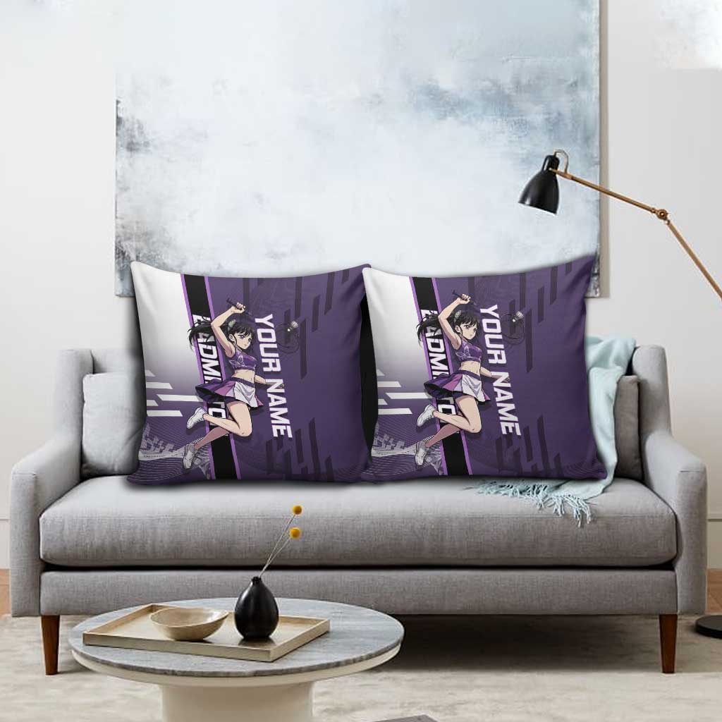Personalized Shinazugawa Genya Demon Slayer Badminton Pillow Cover with Racket Action Pose and Purple White Graphic Design - The Mazicc