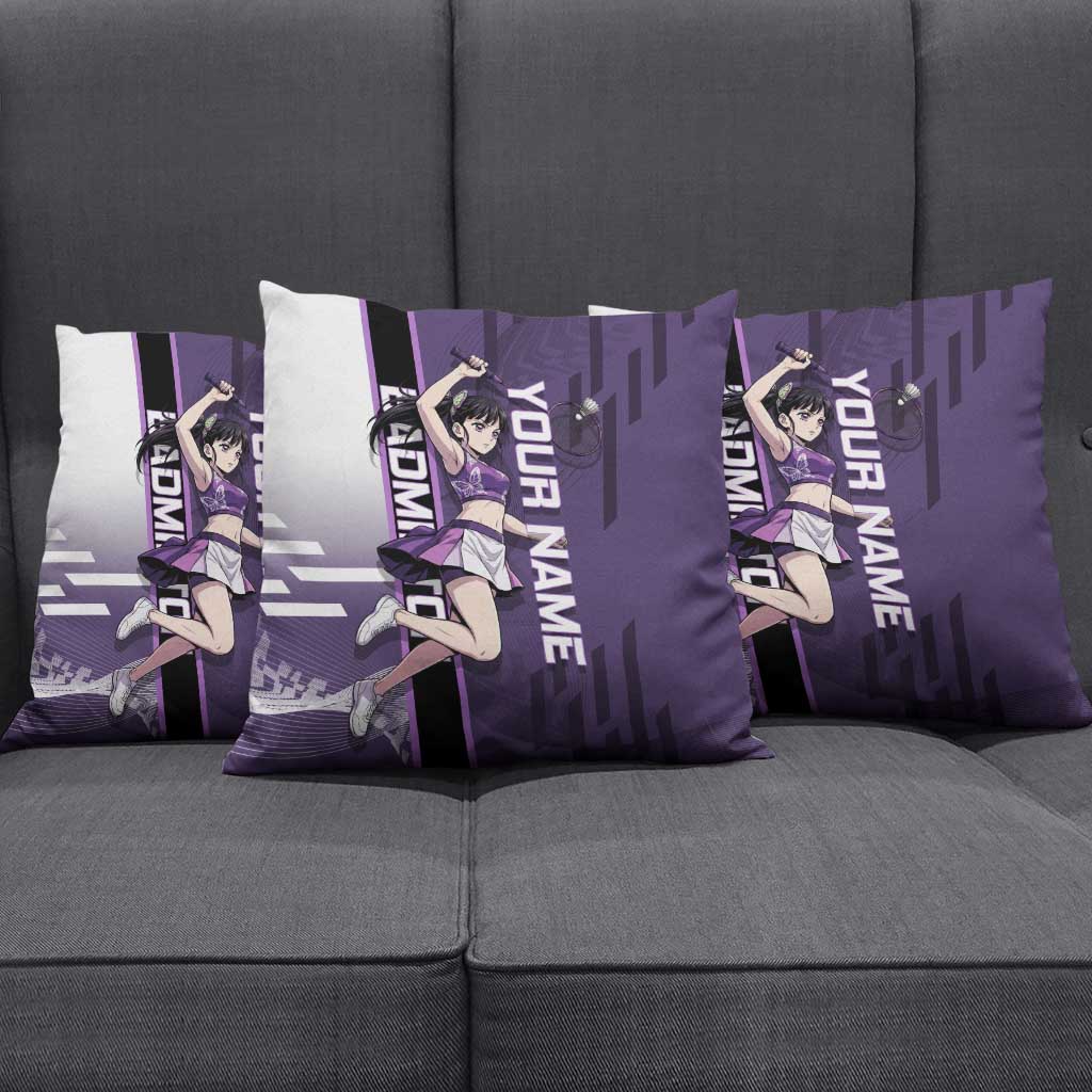 Personalized Shinazugawa Genya Demon Slayer Badminton Pillow Cover with Racket Action Pose and Purple White Graphic Design - The Mazicc