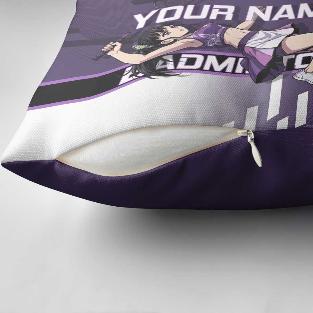 Personalized Shinazugawa Genya Demon Slayer Badminton Pillow Cover with Racket Action Pose and Purple White Graphic Design - The Mazicc