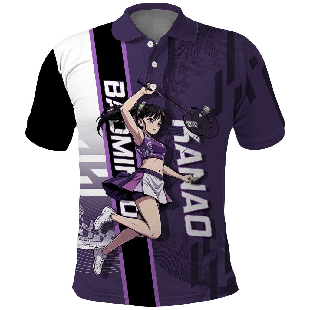 Personalized Shinazugawa Genya Demon Slayer Badminton Polo Shirt with Racket Action Pose and Purple White Graphic Design - The Mazicc