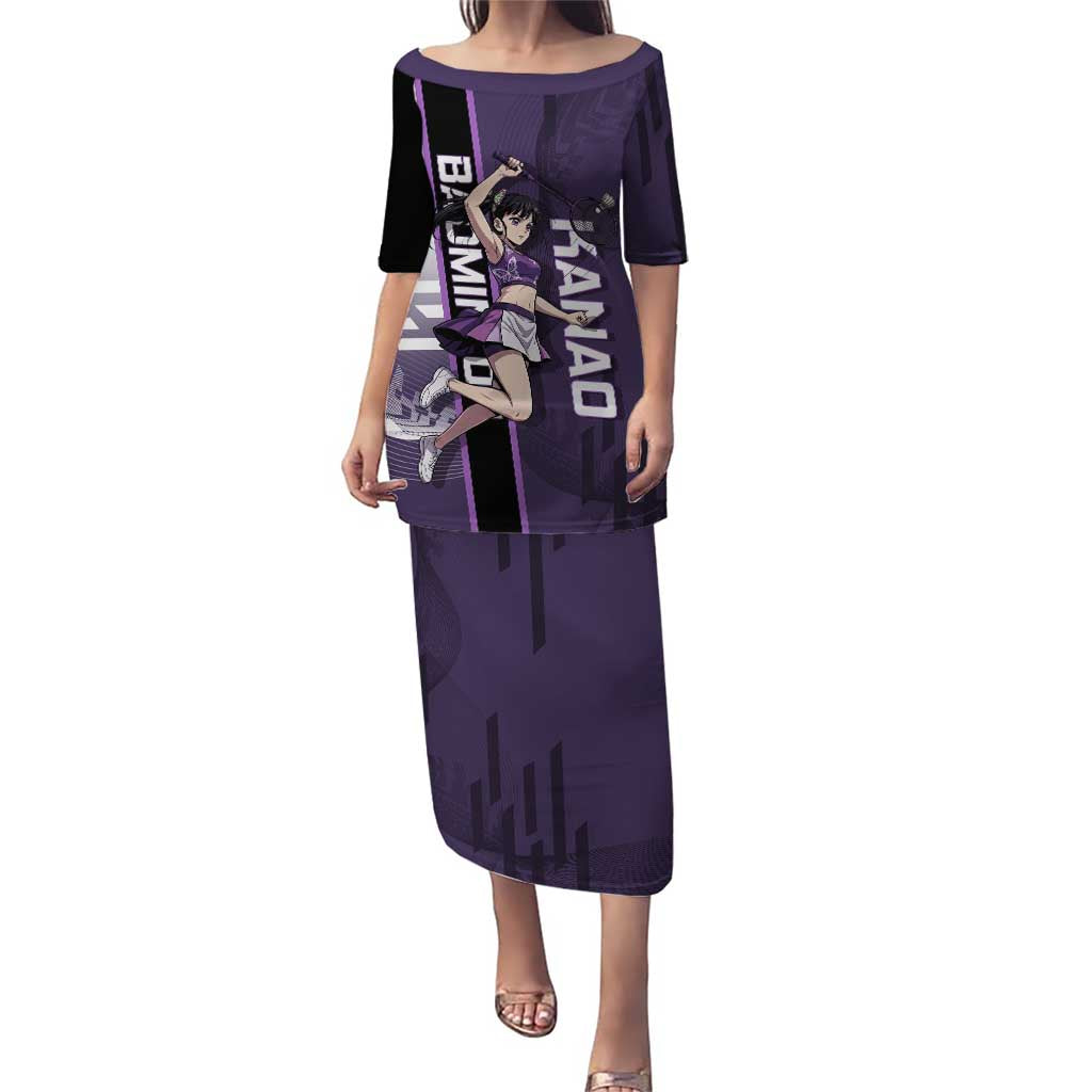Personalized Shinazugawa Genya Demon Slayer Badminton Puletasi with Racket Action Pose and Purple White Graphic Design - The Mazicc