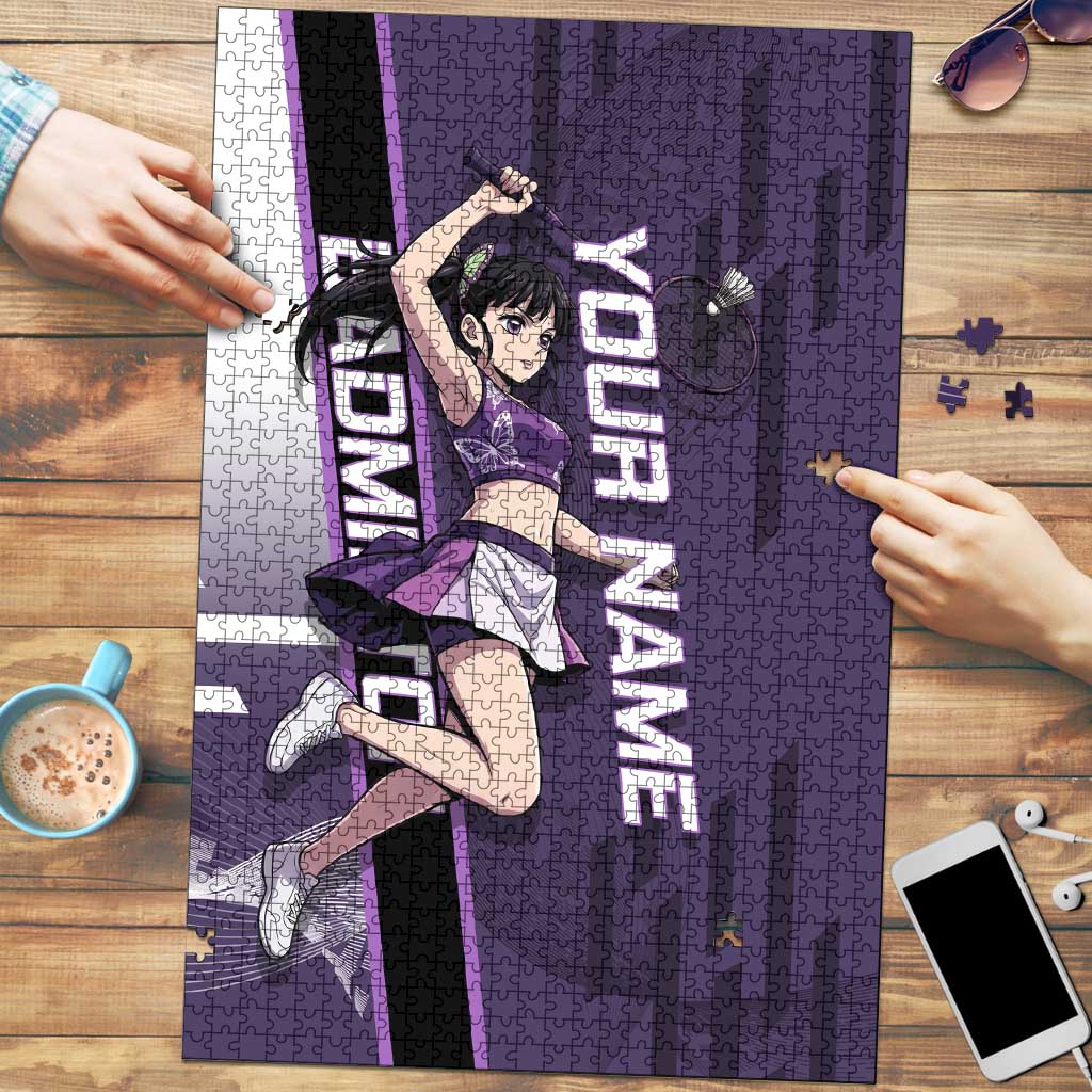 Personalized Shinazugawa Genya Demon Slayer Badminton Puzzle with Racket Action Pose and Purple White Graphic Design - The Mazicc