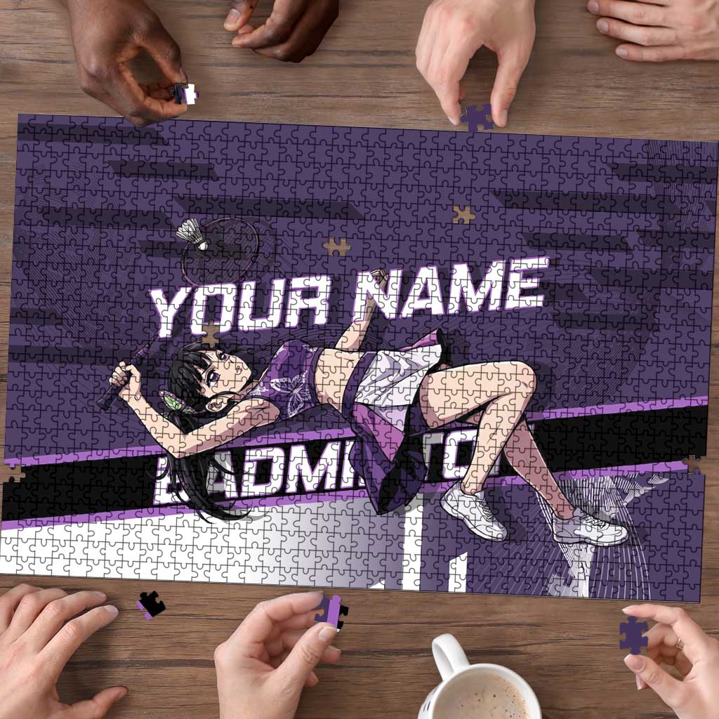 Personalized Shinazugawa Genya Demon Slayer Badminton Puzzle with Racket Action Pose and Purple White Graphic Design - The Mazicc