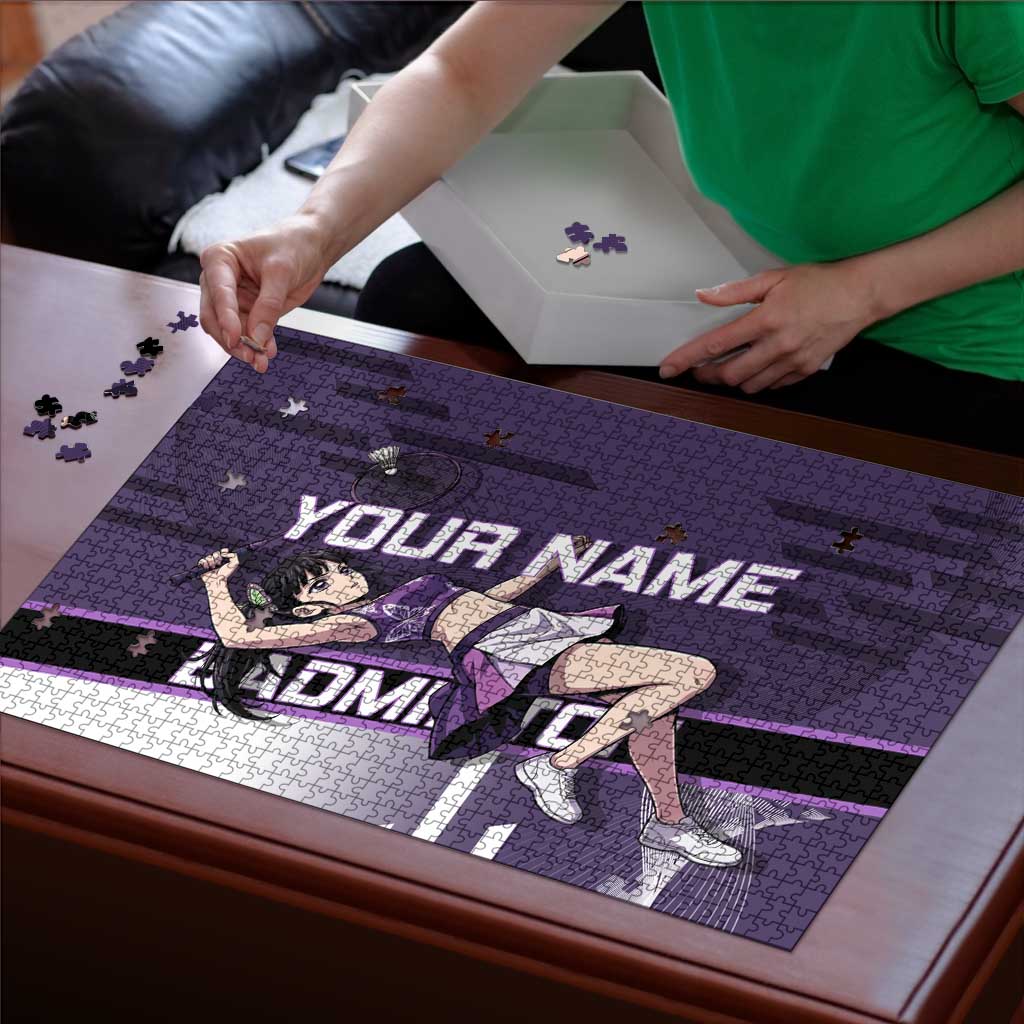 Personalized Shinazugawa Genya Demon Slayer Badminton Puzzle with Racket Action Pose and Purple White Graphic Design - The Mazicc