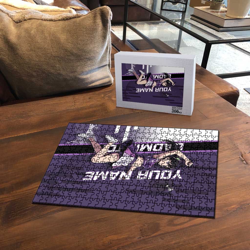 Personalized Shinazugawa Genya Demon Slayer Badminton Puzzle with Racket Action Pose and Purple White Graphic Design - The Mazicc