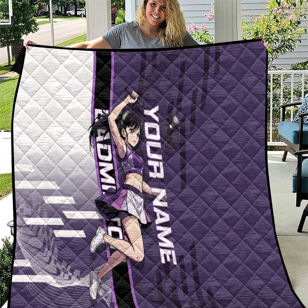 Personalized Shinazugawa Genya Demon Slayer Badminton Quilt with Racket Action Pose and Purple White Graphic Design - The Mazicc