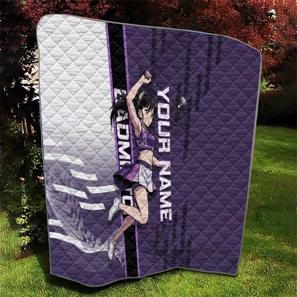 Personalized Shinazugawa Genya Demon Slayer Badminton Quilt with Racket Action Pose and Purple White Graphic Design - The Mazicc