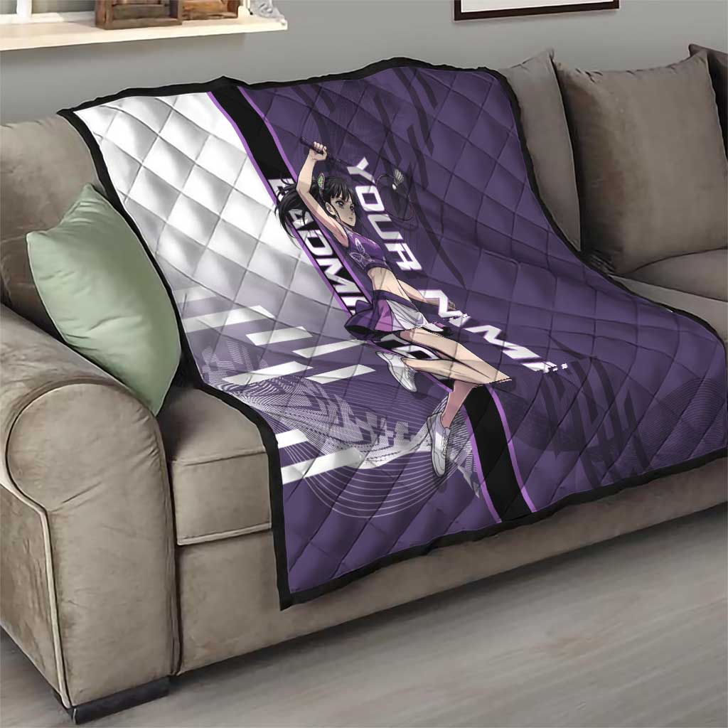 Personalized Shinazugawa Genya Demon Slayer Badminton Quilt with Racket Action Pose and Purple White Graphic Design - The Mazicc