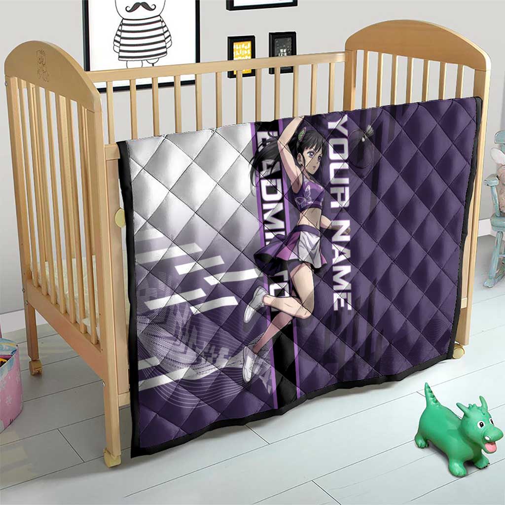 Personalized Shinazugawa Genya Demon Slayer Badminton Quilt with Racket Action Pose and Purple White Graphic Design - The Mazicc