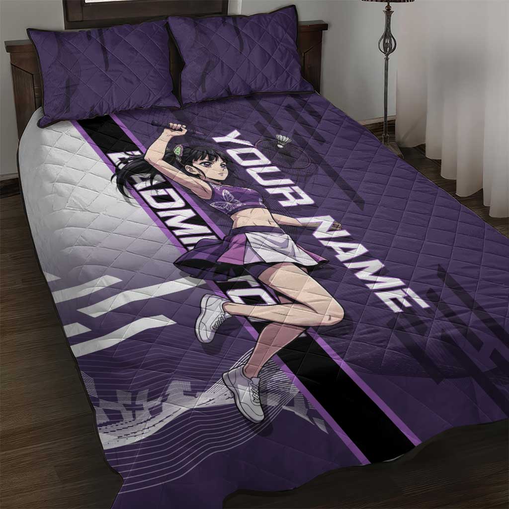Personalized Shinazugawa Genya Demon Slayer Badminton Quilt Bed Set with Racket Action Pose and Purple White Graphic Design - The Mazicc