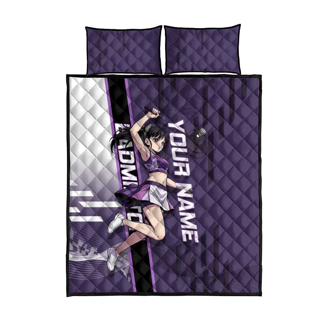Personalized Shinazugawa Genya Demon Slayer Badminton Quilt Bed Set with Racket Action Pose and Purple White Graphic Design - The Mazicc