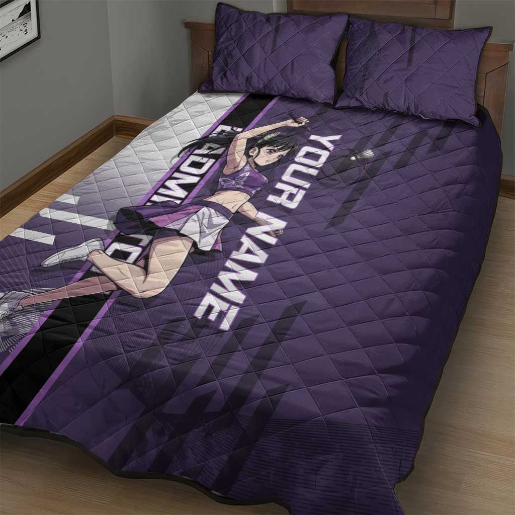 Personalized Shinazugawa Genya Demon Slayer Badminton Quilt Bed Set with Racket Action Pose and Purple White Graphic Design - The Mazicc