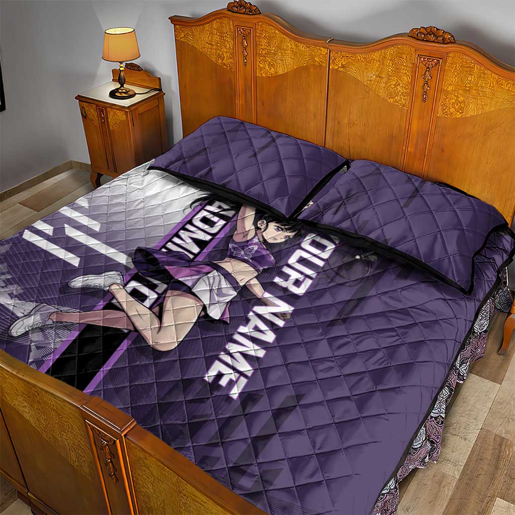 Personalized Shinazugawa Genya Demon Slayer Badminton Quilt Bed Set with Racket Action Pose and Purple White Graphic Design - The Mazicc