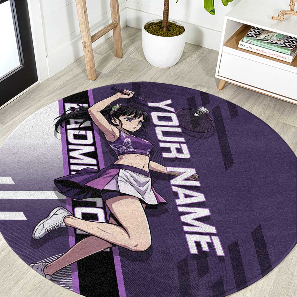 Personalized Shinazugawa Genya Demon Slayer Badminton Round Carpet with Racket Action Pose and Purple White Graphic Design - The Mazicc