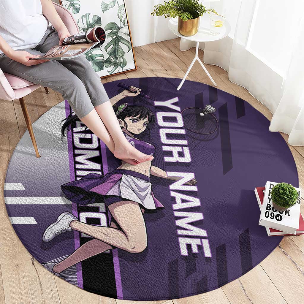 Personalized Shinazugawa Genya Demon Slayer Badminton Round Carpet with Racket Action Pose and Purple White Graphic Design - The Mazicc