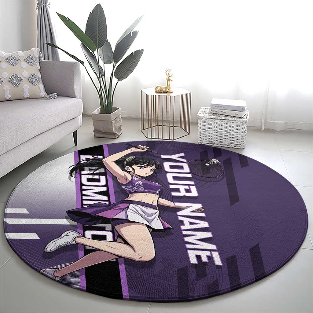Personalized Shinazugawa Genya Demon Slayer Badminton Round Carpet with Racket Action Pose and Purple White Graphic Design - The Mazicc