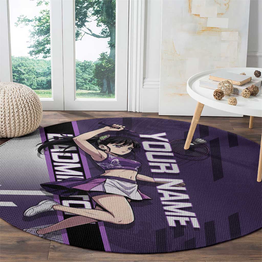 Personalized Shinazugawa Genya Demon Slayer Badminton Round Carpet with Racket Action Pose and Purple White Graphic Design - The Mazicc