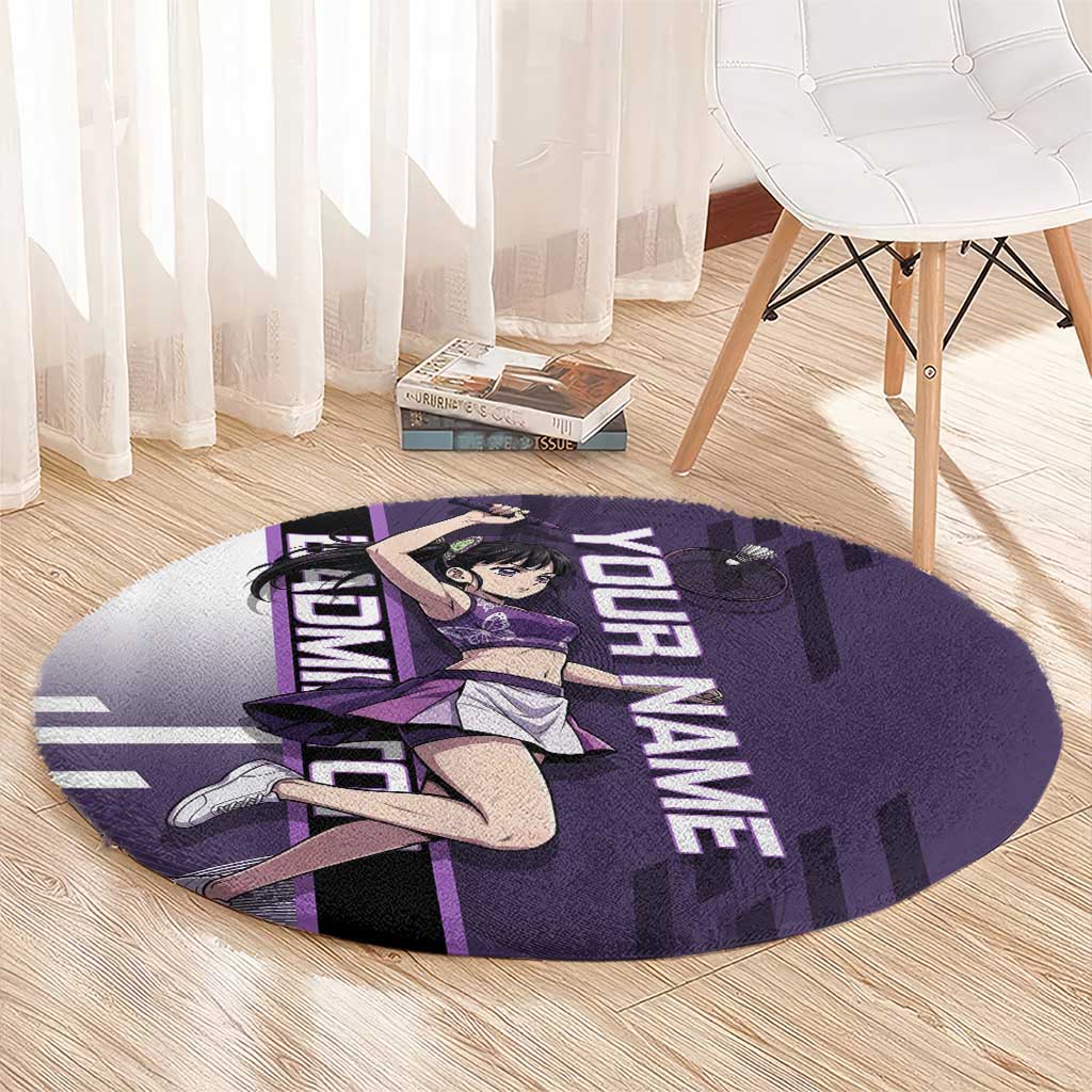 Personalized Shinazugawa Genya Demon Slayer Badminton Round Carpet with Racket Action Pose and Purple White Graphic Design - The Mazicc