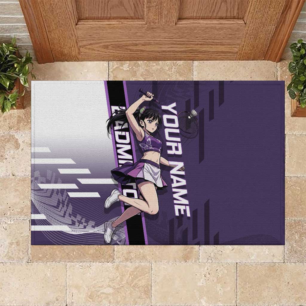 Personalized Shinazugawa Genya Demon Slayer Badminton Rubber Doormat with Racket Action Pose and Purple White Graphic Design - The Mazicc