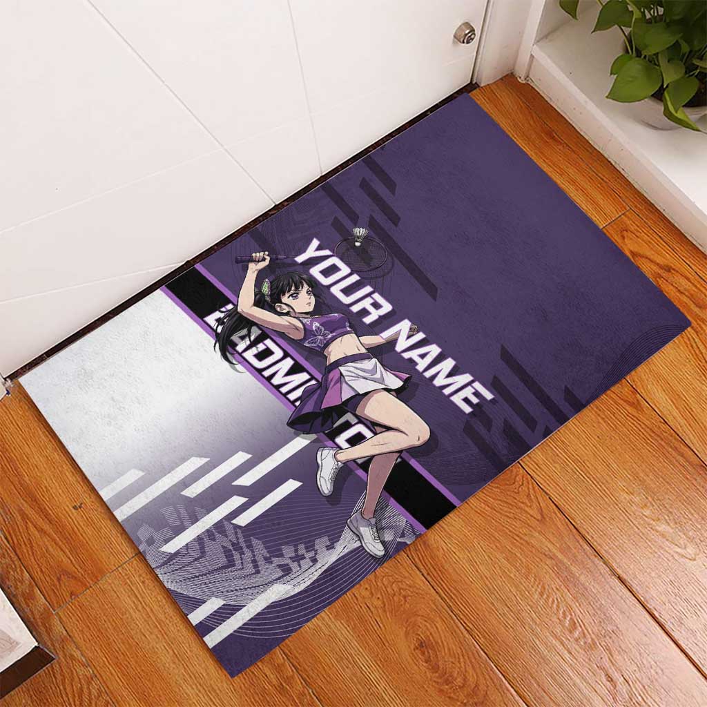 Personalized Shinazugawa Genya Demon Slayer Badminton Rubber Doormat with Racket Action Pose and Purple White Graphic Design - The Mazicc