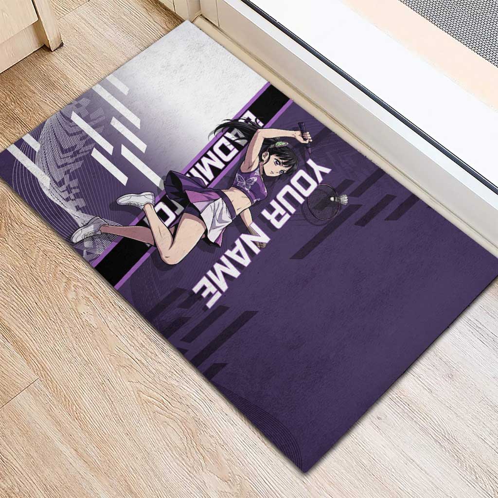 Personalized Shinazugawa Genya Demon Slayer Badminton Rubber Doormat with Racket Action Pose and Purple White Graphic Design - The Mazicc