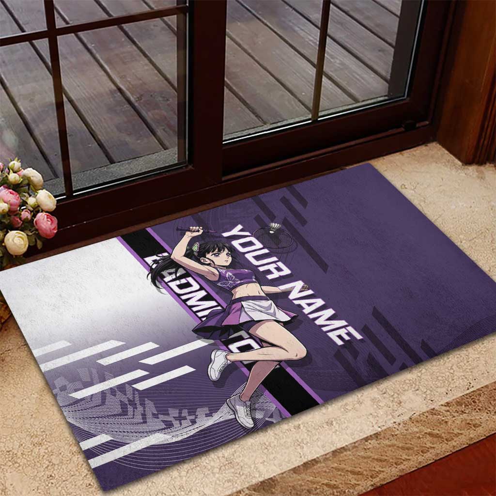 Personalized Shinazugawa Genya Demon Slayer Badminton Rubber Doormat with Racket Action Pose and Purple White Graphic Design - The Mazicc