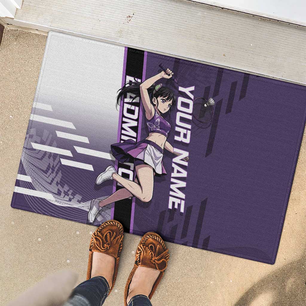 Personalized Shinazugawa Genya Demon Slayer Badminton Rubber Doormat with Racket Action Pose and Purple White Graphic Design - The Mazicc