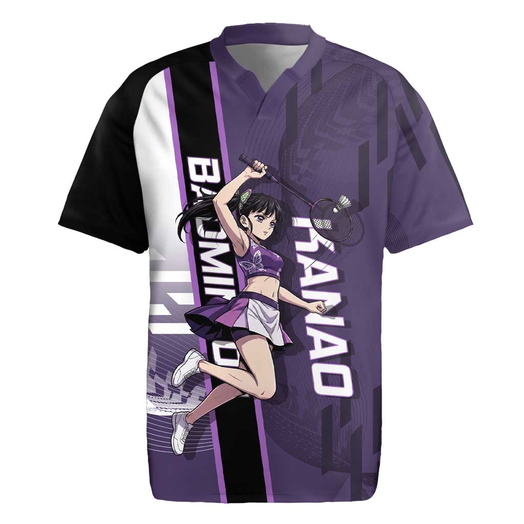 Personalized Shinazugawa Genya Demon Slayer Badminton Rugby Jersey with Racket Action Pose and Purple White Graphic Design - The Mazicc