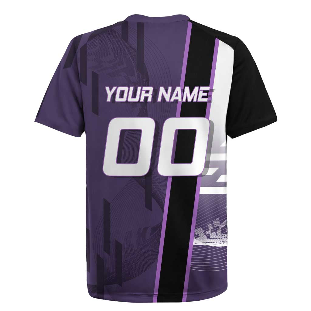 Personalized Shinazugawa Genya Demon Slayer Badminton Rugby Jersey with Racket Action Pose and Purple White Graphic Design - The Mazicc