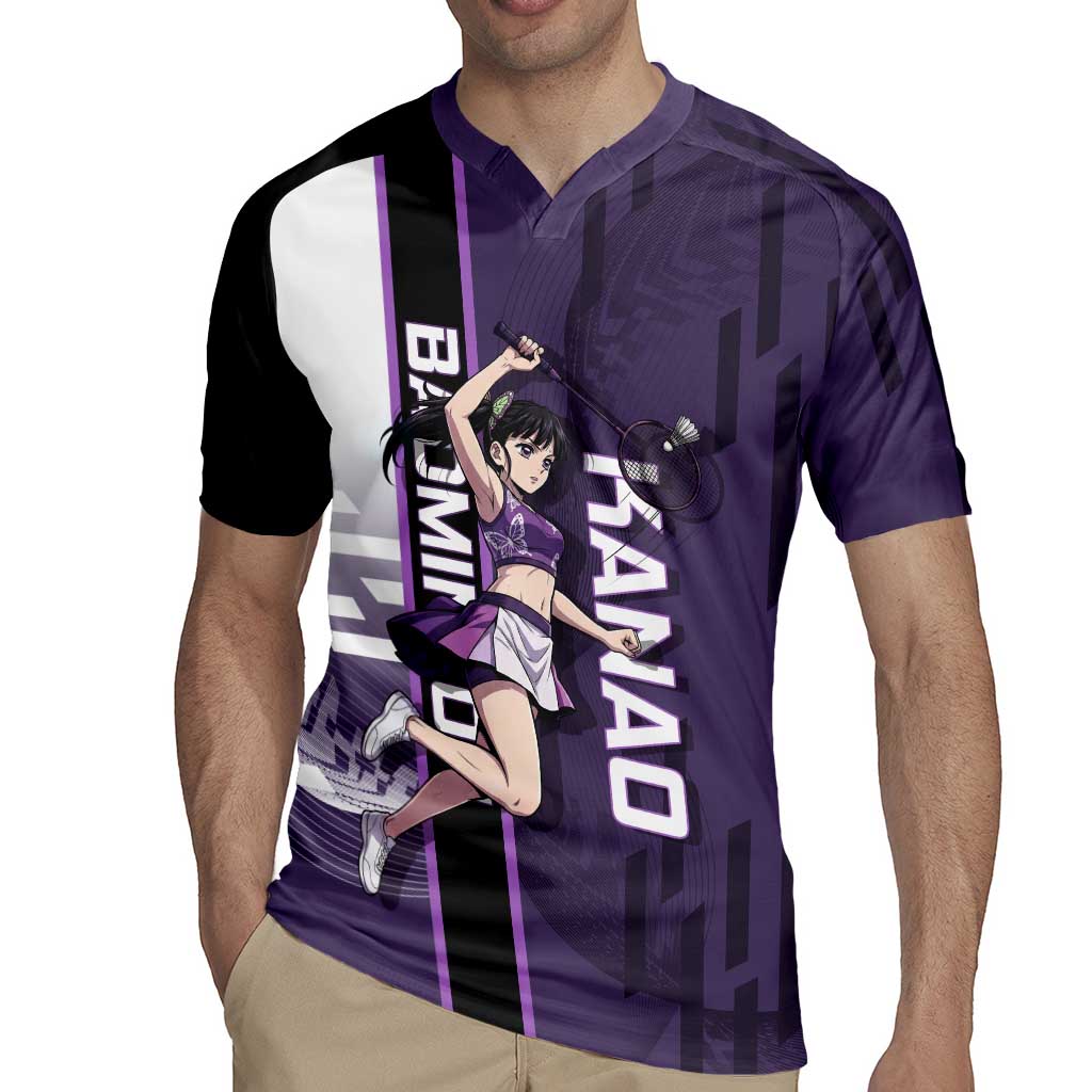 Personalized Shinazugawa Genya Demon Slayer Badminton Rugby Jersey with Racket Action Pose and Purple White Graphic Design - The Mazicc