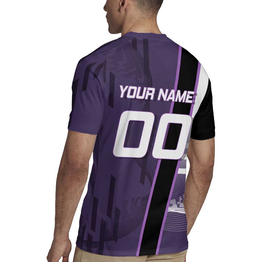 Personalized Shinazugawa Genya Demon Slayer Badminton Rugby Jersey with Racket Action Pose and Purple White Graphic Design - The Mazicc