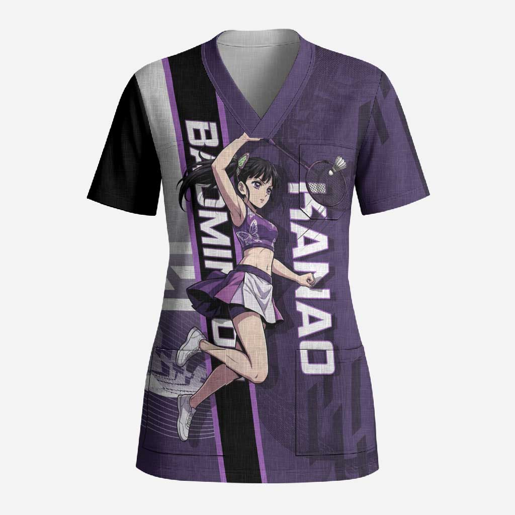 Personalized Shinazugawa Genya Demon Slayer Badminton Scrub Top with Racket Action Pose and Purple White Graphic Design - The Mazicc