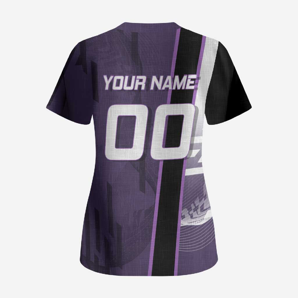 Personalized Shinazugawa Genya Demon Slayer Badminton Scrub Top with Racket Action Pose and Purple White Graphic Design - The Mazicc