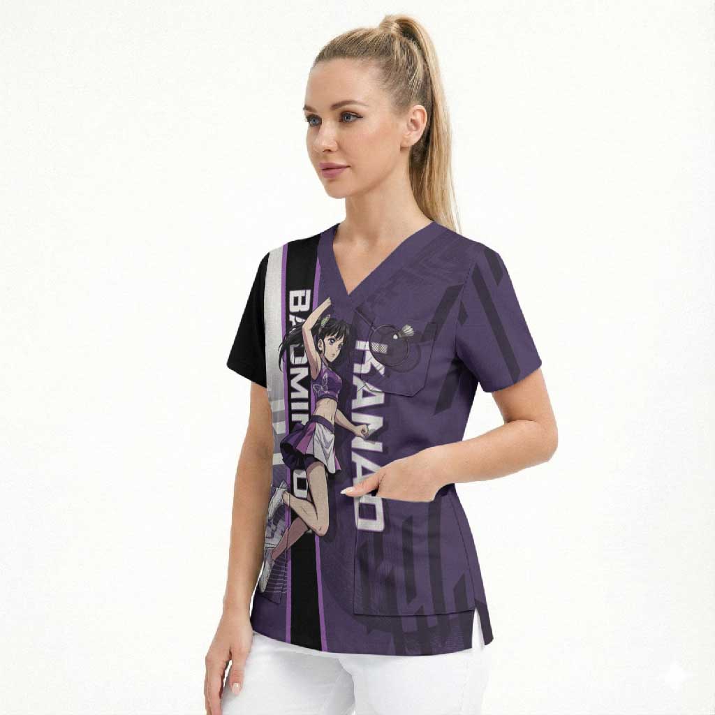 Personalized Shinazugawa Genya Demon Slayer Badminton Scrub Top with Racket Action Pose and Purple White Graphic Design - The Mazicc