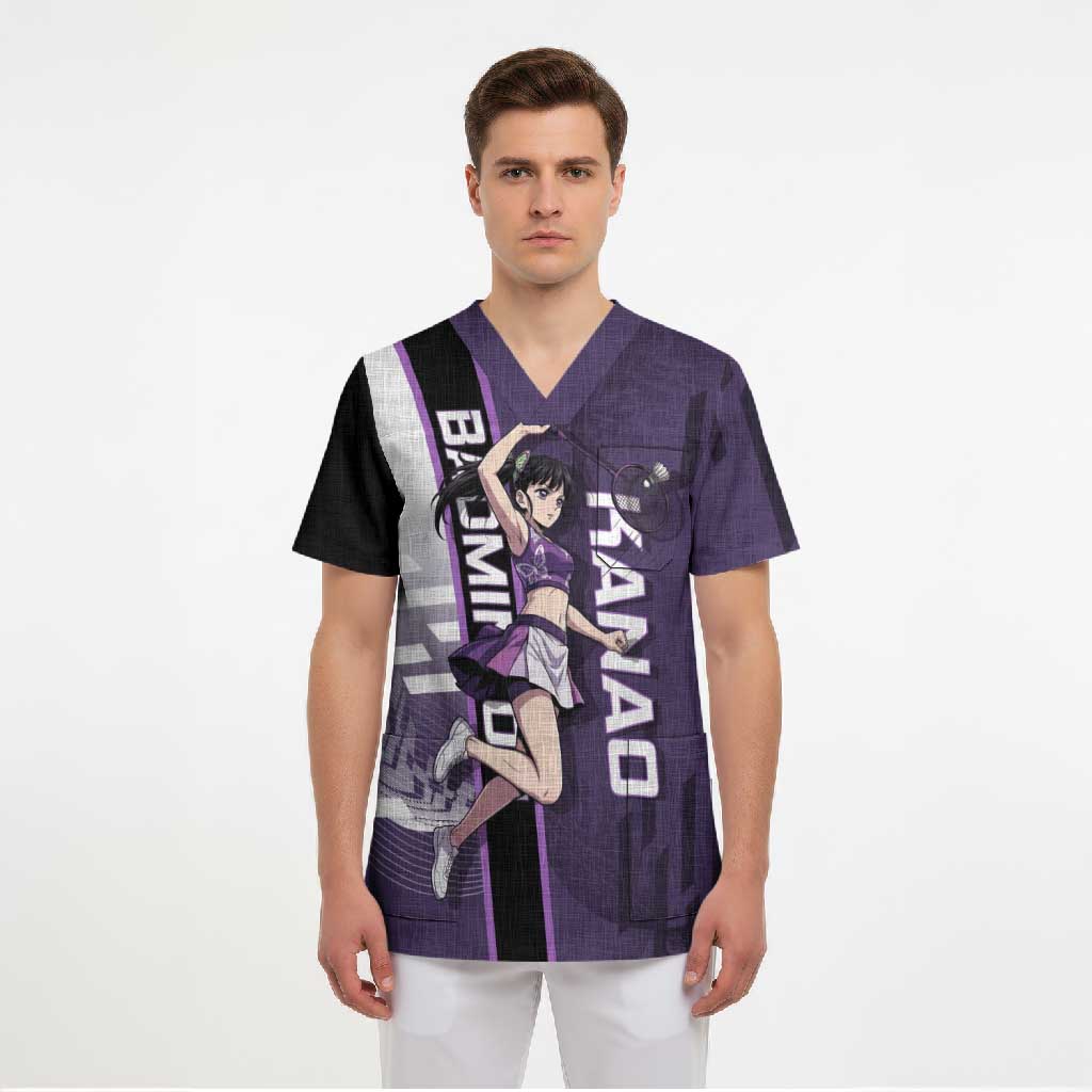 Personalized Shinazugawa Genya Demon Slayer Badminton Scrub Top with Racket Action Pose and Purple White Graphic Design - The Mazicc