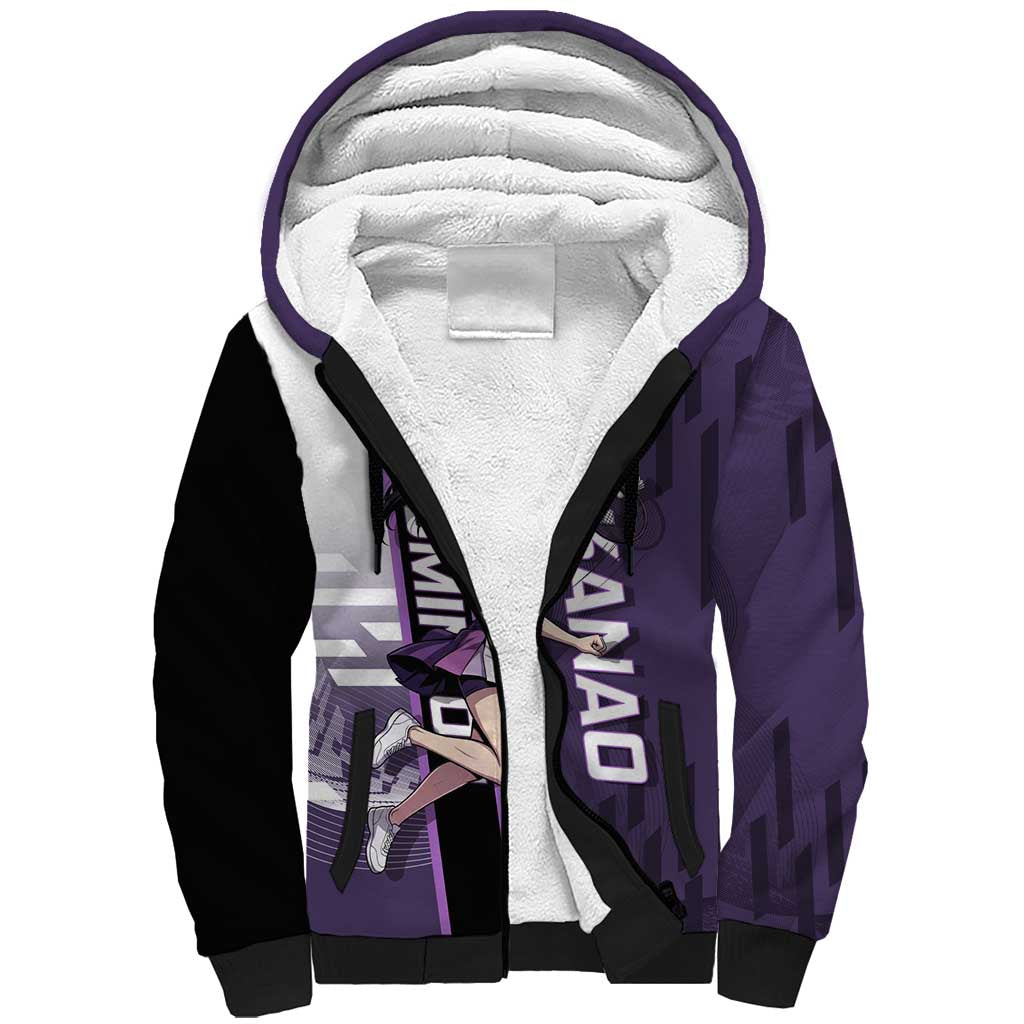 Personalized Shinazugawa Genya Demon Slayer Badminton Sherpa Hoodie with Racket Action Pose and Purple White Graphic Design - The Mazicc