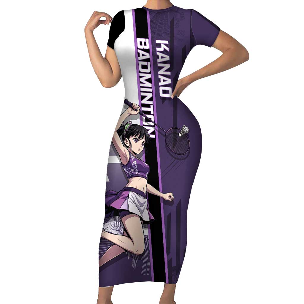 Personalized Shinazugawa Genya Demon Slayer Badminton Short Sleeve Bodycon Dress with Racket Action Pose and Purple White Graphic Design - The Mazicc