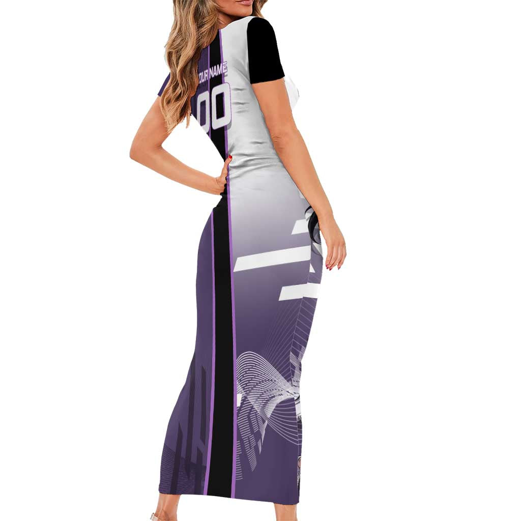 Personalized Shinazugawa Genya Demon Slayer Badminton Short Sleeve Bodycon Dress with Racket Action Pose and Purple White Graphic Design - The Mazicc